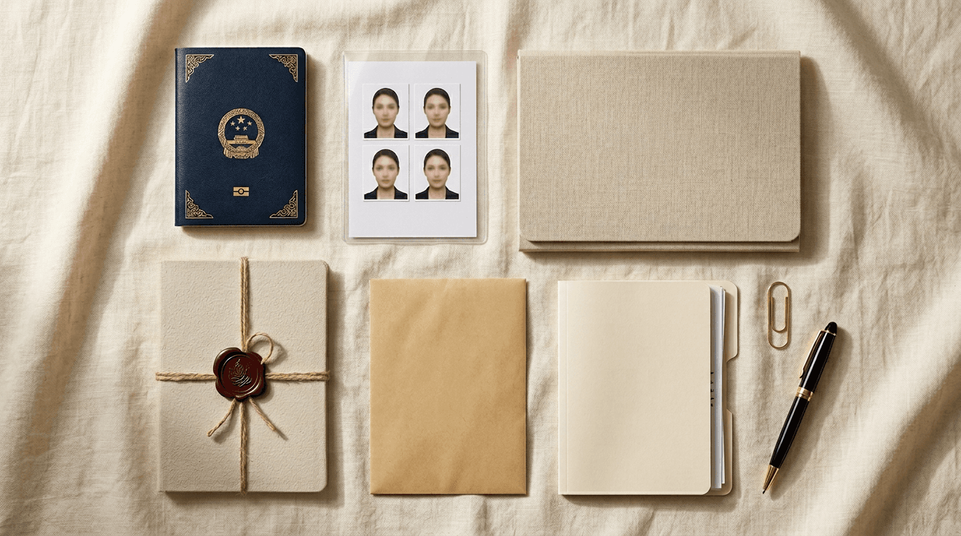 Visa application document checklist arranged on a desk